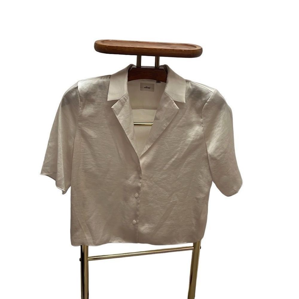 Wilfred Women's Beso Satin Shirt Short-Sleeve Button-Up Blouse Cream Size Small